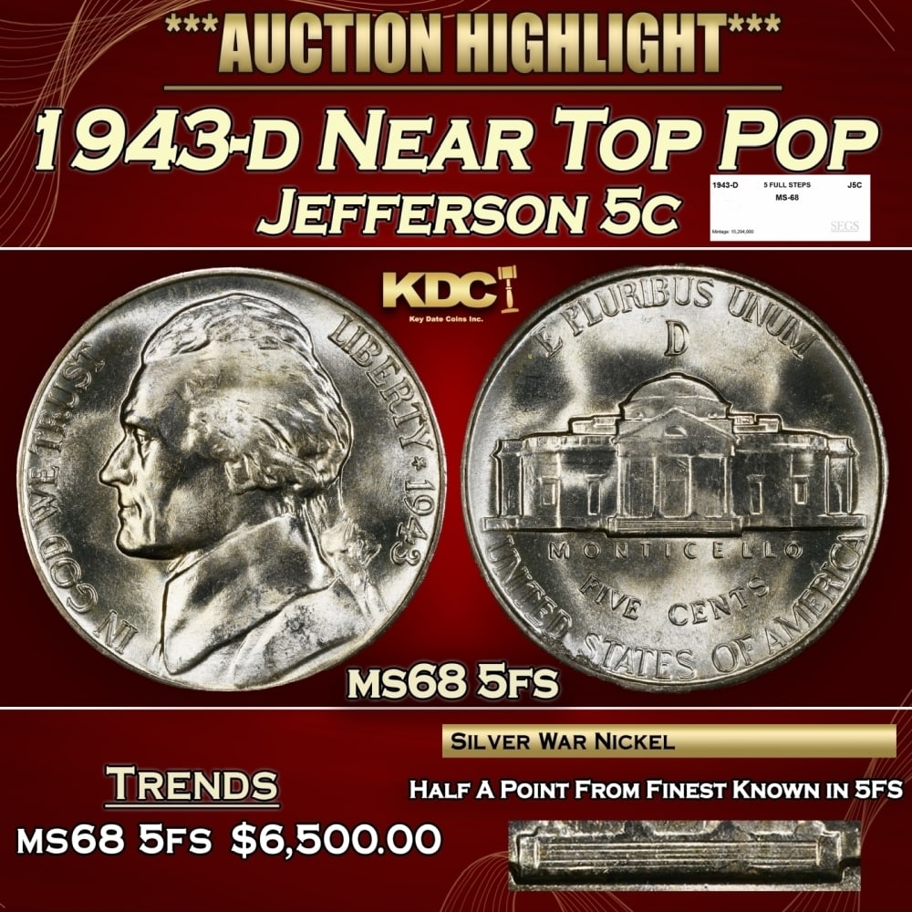 1943-d Jefferson Nickel Near Top Pop 5c ms68 5fs SEGS: 1943-d Near Top Pop Jefferson Nickel 5c ms68 5fs SEGS.
