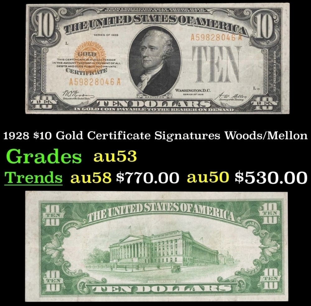 1928 $10 Gold Certificate Grades Select AU: 1928 $10 Gold Certificate Grades Select AU.