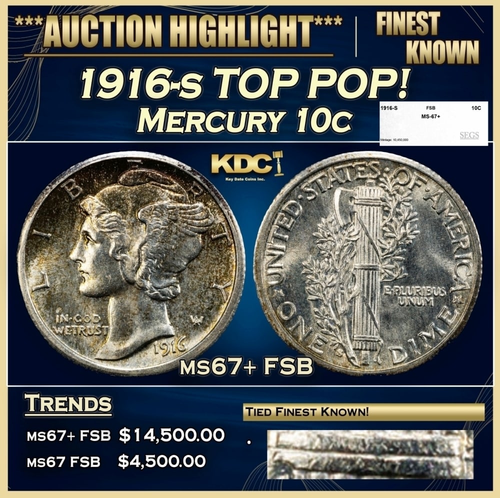 1916-s Mercury Dime TOP POP! 10c ms67+ FSB SEGS: 1916-s TOP POP! Mercury Dime 10c ms67+ FSB SEGS.