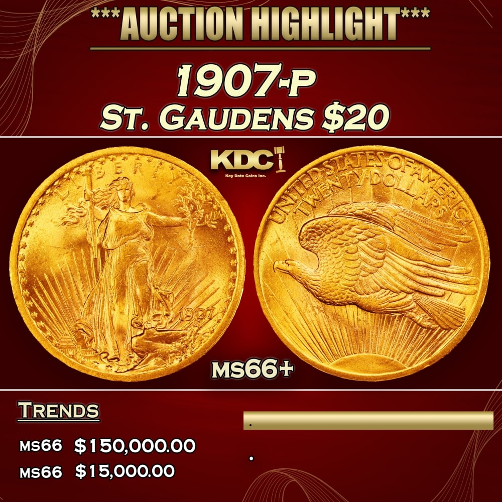 1907-p Gold St. Gaudens Double Eagle $20 ms66+ SEGS: 1907-p Gold St. Gaudens Double Eagle $20 ms66+ SEGS. 0