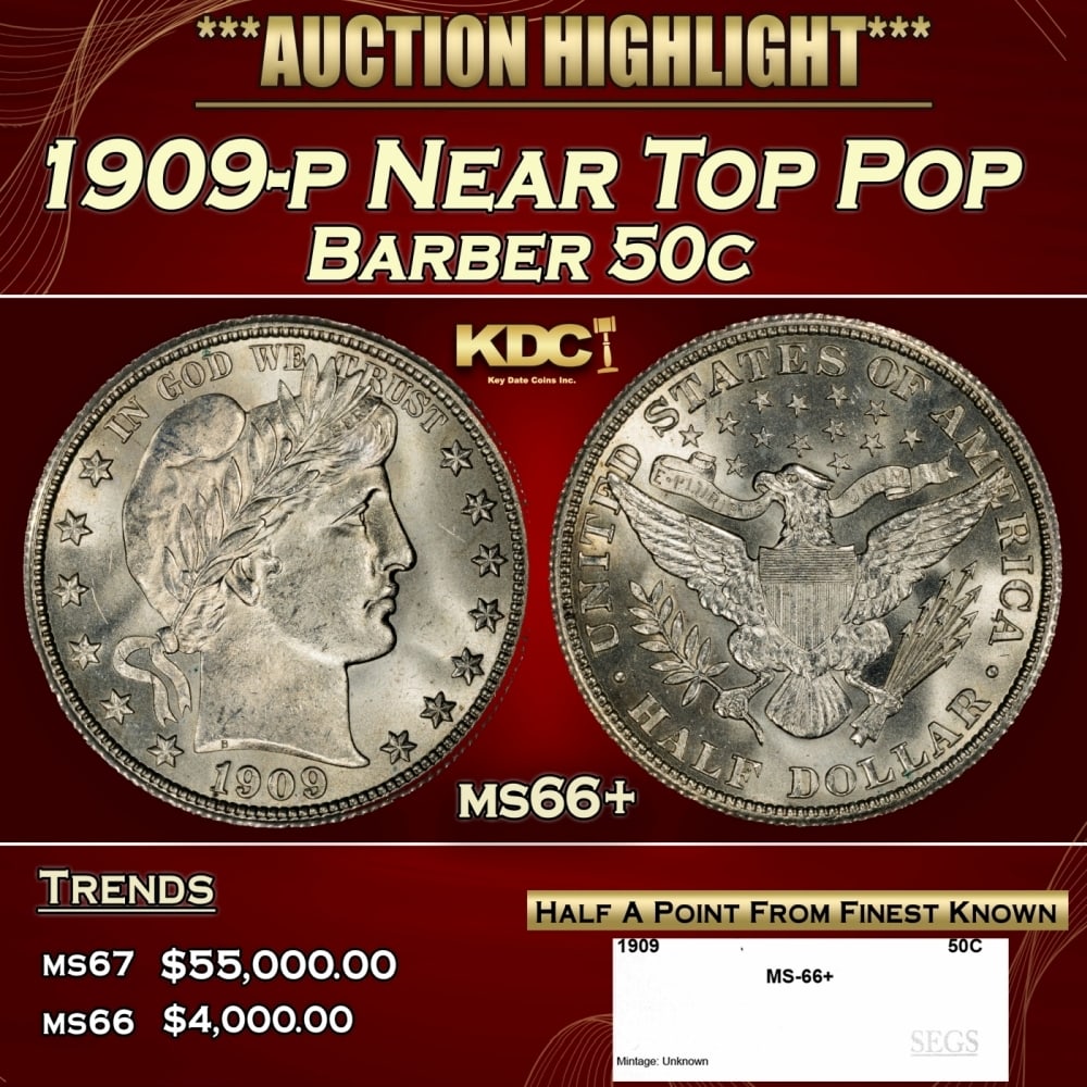 1909-p Barber Half Dollars Near Top Pop 50c ms66+ SEGS (1 of 4)