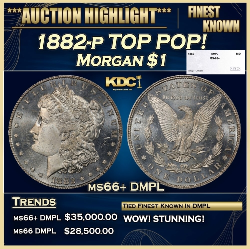 1882-p Morgan Dollar TOP POP! $1 ms66+ DMPL SEGS: 1882-p TOP POP! Morgan Dollar $1 ms66+ DMPL SEGS. 0