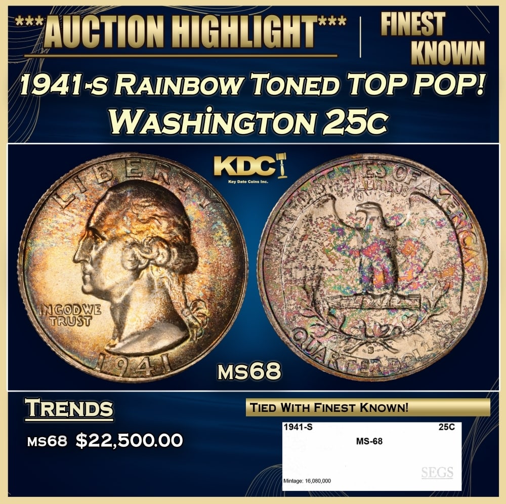 1941-s Washington Quarter Rainbow Toned TOP POP! 25c ms68 SEGS: 1941-s Rainbow Toned TOP POP! Washington Quarter 25c ms68 SEGS. 0