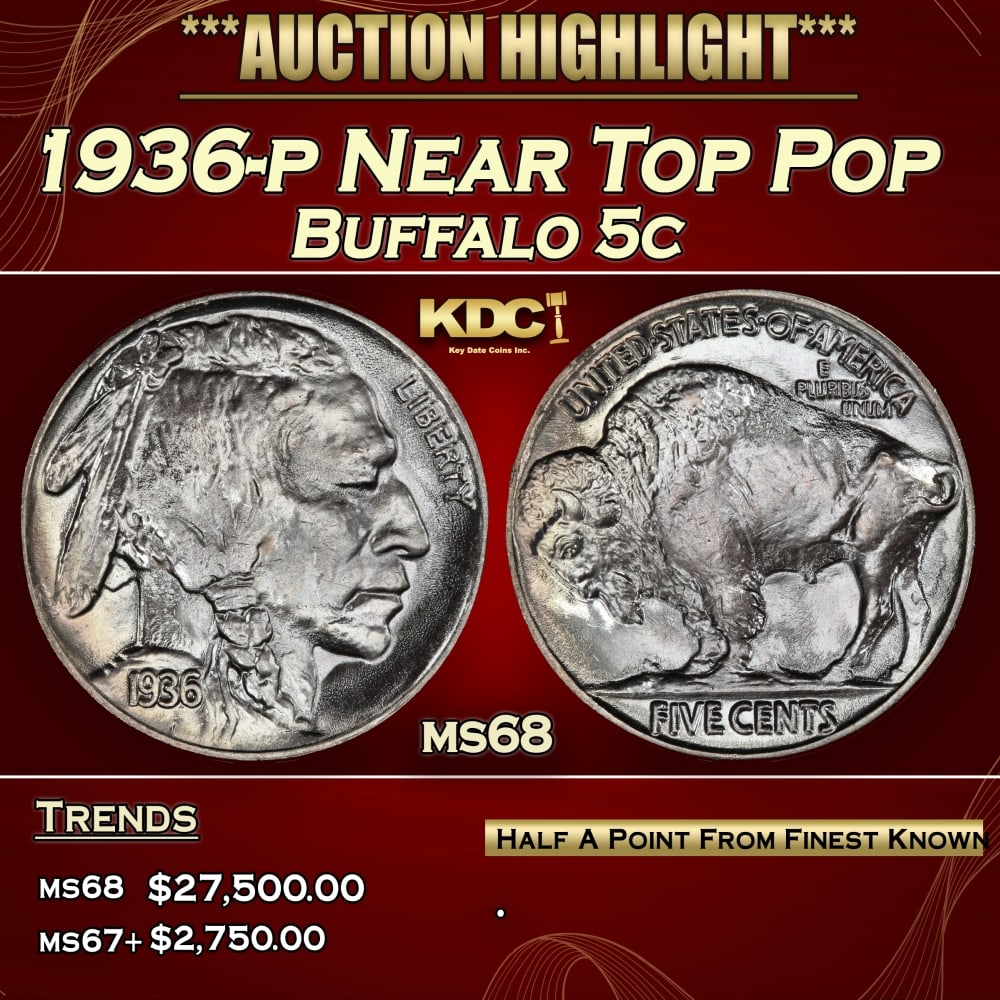 1936-p Buffalo Nickel Near Top Pop 5c ms68 SEGS: 1936-p Near Top Pop Buffalo Nickel 5c ms68 SEGS. 0