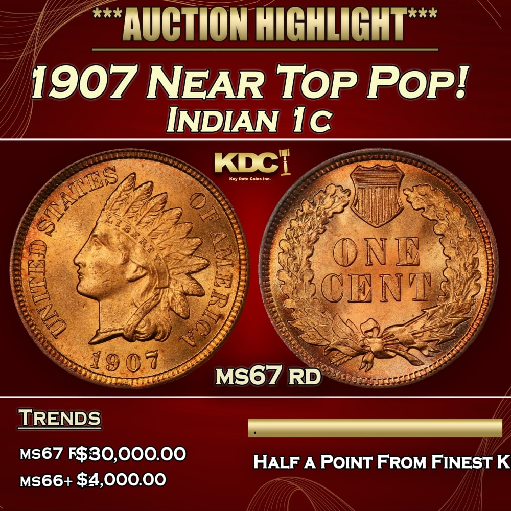 1907 Indian Cent Near Top Pop! 1c ms67 rd SEGS: 1907 Near Top Pop! Indian Cent 1c ms67 rd SEGS. 0