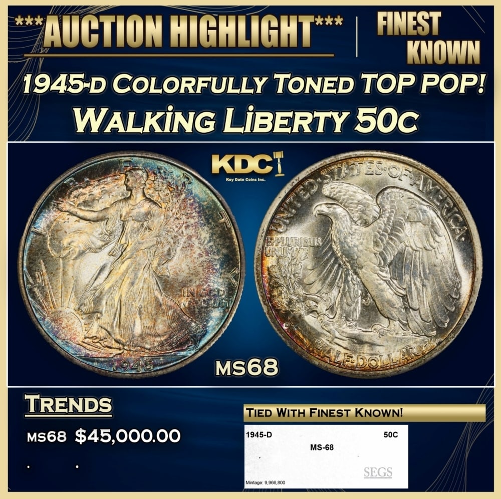 1945-d Walking Liberty Half Dollar Colorfully Toned TOP POP! 50c ms68 SEGS: 1945-d Colorfully Toned TOP POP! Walking Liberty Half Dollar 50c ms68 SEGS. 0