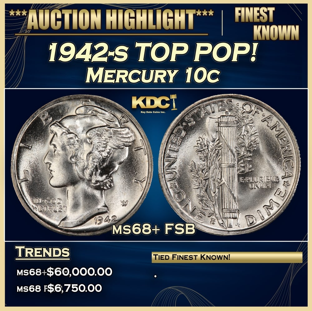 1942-s Mercury Dime TOP POP! 10c ms68+ FSB SEGS: 1942-s TOP POP! Mercury Dime 10c ms68+ FSB SEGS.