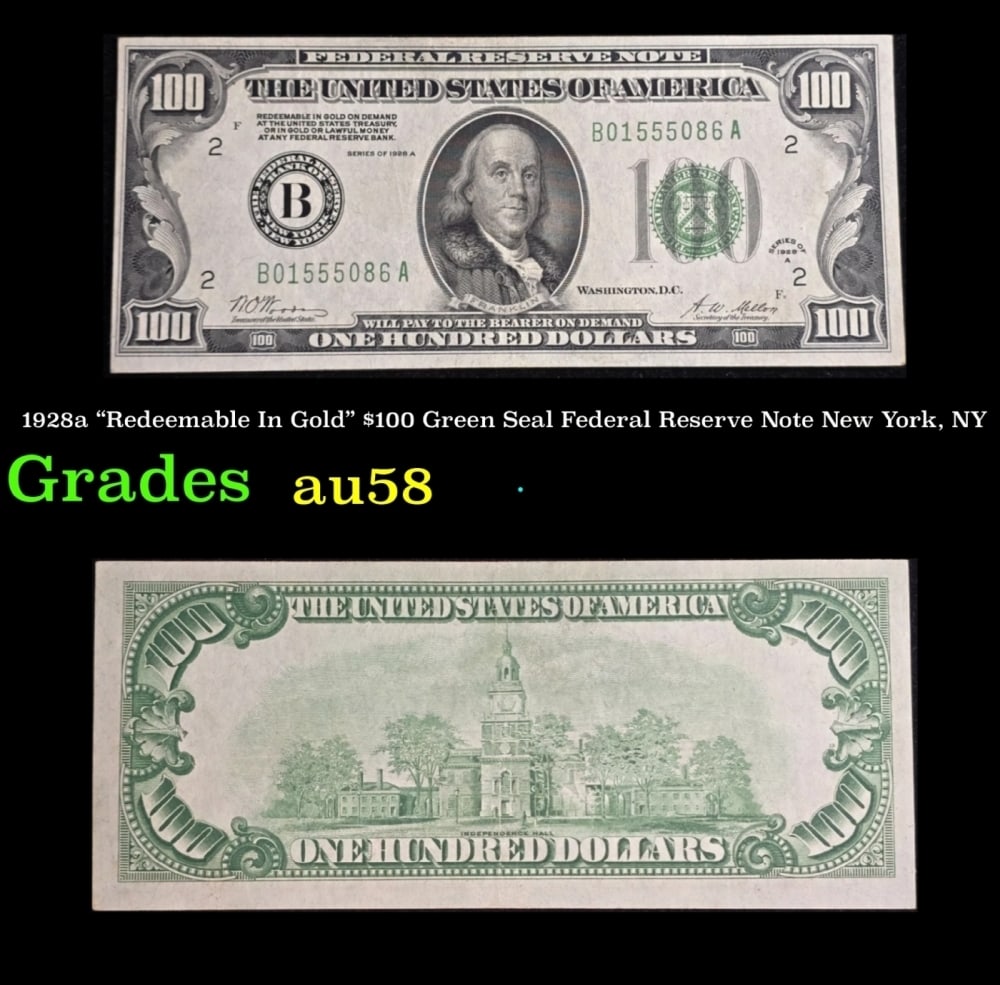 1928a $100 Green Seal Federal Reserve Note New York, NY Grades Choice AU/BU Slider: 1928a New York, NY $100 Green Seal Federal Reserve Note Grades Choice AU/BU Slider.