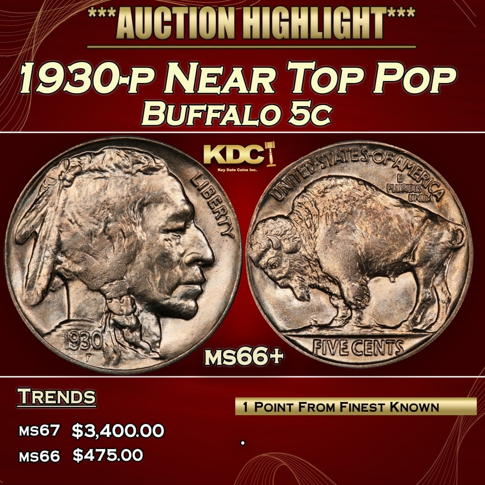 1930-p Buffalo Nickel Near Top Pop 5c ms66+ SEGS: 1930-p Near Top Pop Buffalo Nickel 5c ms66+ SEGS. 0