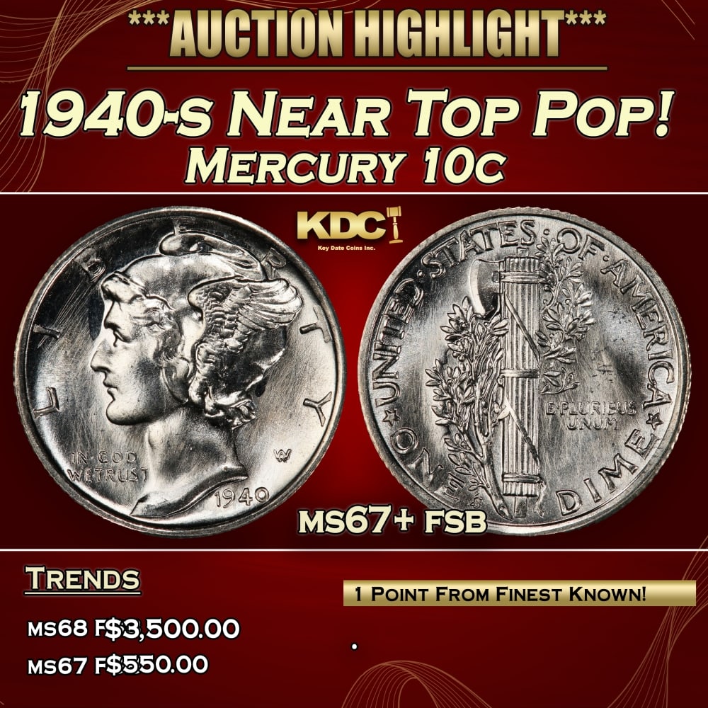 1940-s Mercury Dime Near Top Pop! 10c ms67+ fsb SEGS: 1940-s Near Top Pop! Mercury Dime 10c ms67+ fsb SEGS. 0