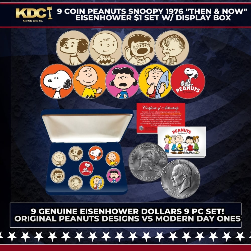 9 Coin Peanuts Charlie Brown, Snoopy 1976 "Then & Now" Eisenhower $1 Set w/ Display Box Other Toy (1 of 2)