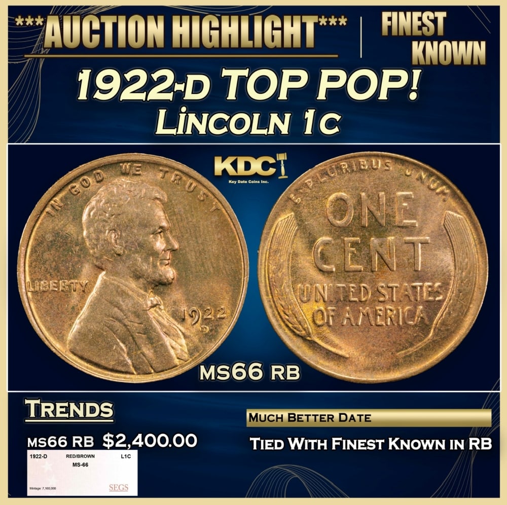 1922-d Lincoln Cent TOP POP! 1c ms66 rb SEGS: 1922-d TOP POP! Lincoln Cent 1c ms66 rb SEGS. 0
