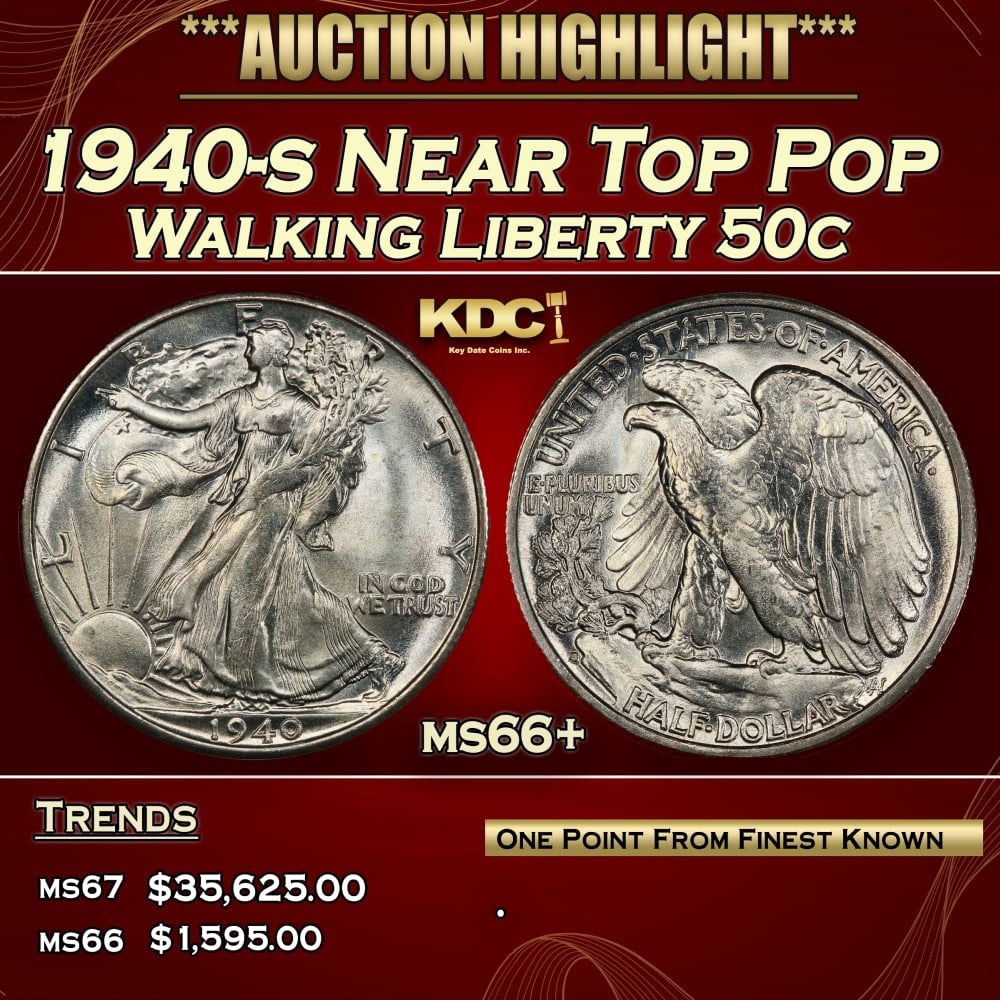1940-s Walking Liberty Half Dollar Near Top Pop 50c ms66+ SEGS: 1940-s Near Top Pop Walking Liberty Half Dollar 50c ms66+ SEGS. 0