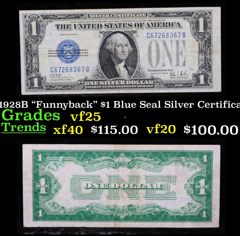 1928B $1 Blue Seal Silver Certificate "Funnyback" Grades vf+: 1928B $1 Blue Seal Silver Certificate "Funnyback" Grades vf+. FR-1602 Signatures Woods-Mills These were the first notes to be called funnybacks. The reason they are called funnybacks is because of the