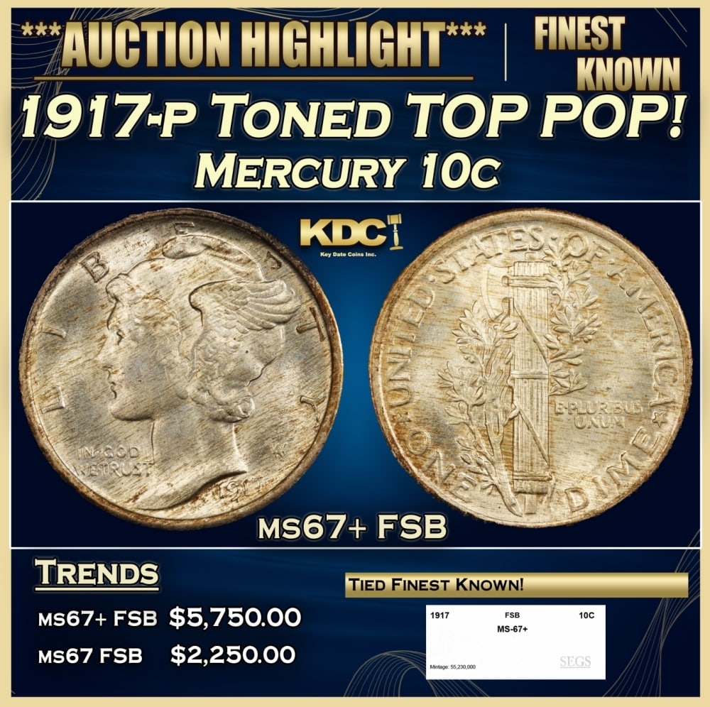 1917-p Mercury Dime Toned TOP POP! 10c ms67+ FSB SEGS: 1917-p Toned TOP POP! Mercury Dime 10c ms67+ FSB SEGS. 0