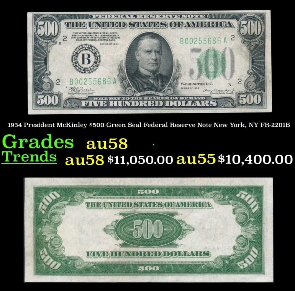 1934 FR-2201B $500 Green Seal Federal Reserve Note Grades Choice AU/BU Slider: 1934 FR-2201B $500 Green Seal Federal Reserve Note Grades Choice AU/BU Slider.