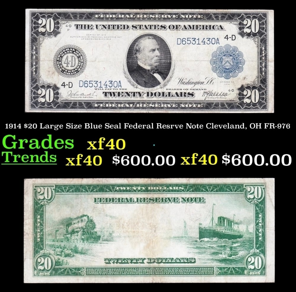 1914 FR-976 $20 Large Size Blue Seal Federal Resrve Note Grades xf (1 of 3)