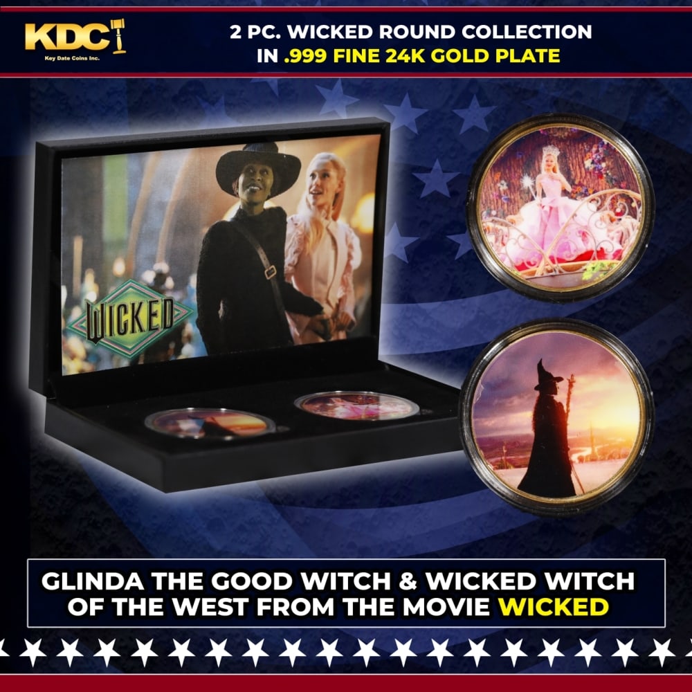 2 Coin Wicked Wizard of Oz Gold Plated Round Collection In Custom Box W/ Special Backer Card: 2 Coin Wicked Wizard of Oz Gold Plated Round Collection In Custom Box W/ Special Backer Card. Please Note All Backer Cards may have slight differences but will be very similar if not identical to the