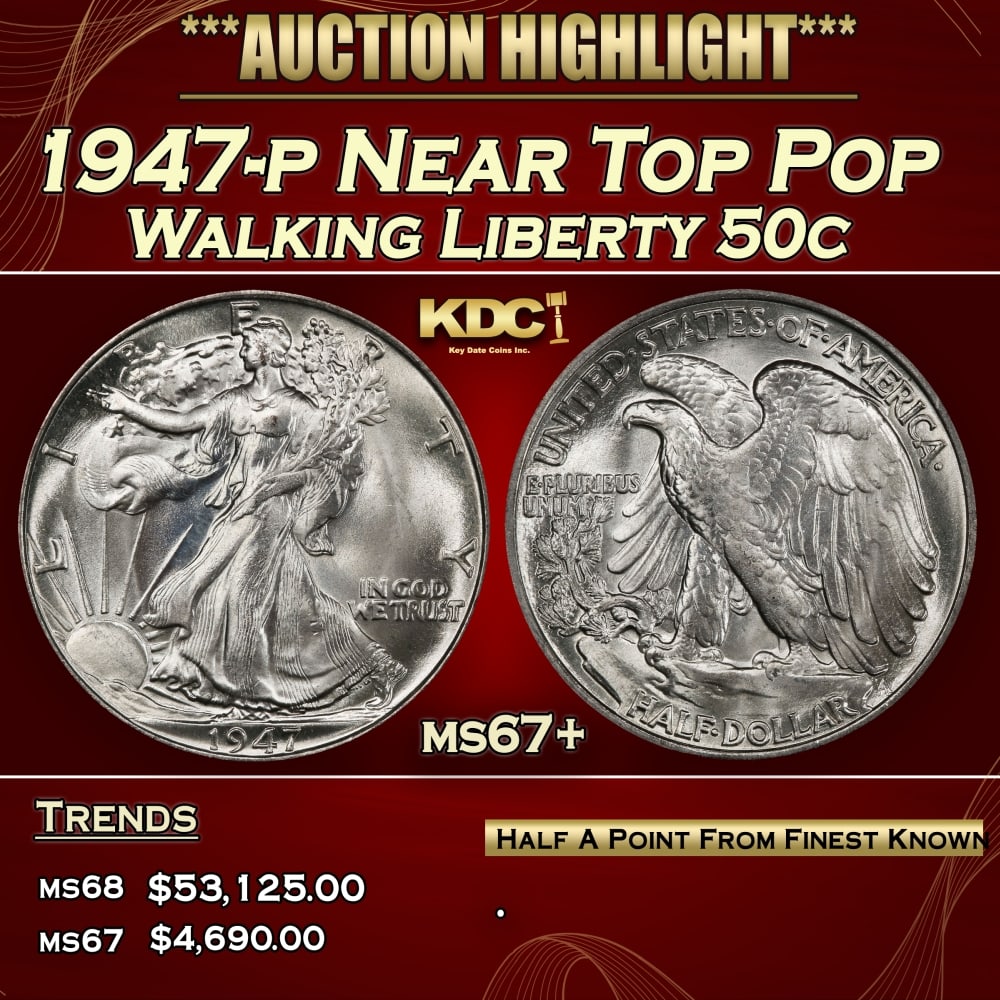 1947-p Walking Liberty Half Dollar Near Top Pop 50c ms67+ SEGS: 1947-p Near Top Pop Walking Liberty Half Dollar 50c ms67+ SEGS. 0