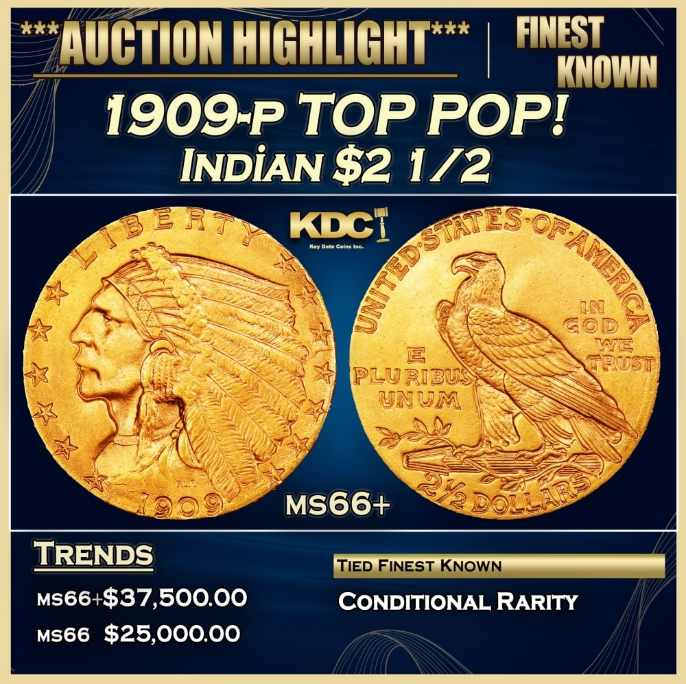 1909-p Gold Indian Quarter Eagle TOP POP! $2 1/2 ms66+ USCG: 1909-p TOP POP! Gold Indian Quarter Eagle $2 1/2 ms66+ USCG. The sunken relief of Bela Lyon Pratt's Indian quarter eagle design was a first on circulating U.S. coinage. The design lacked a protective