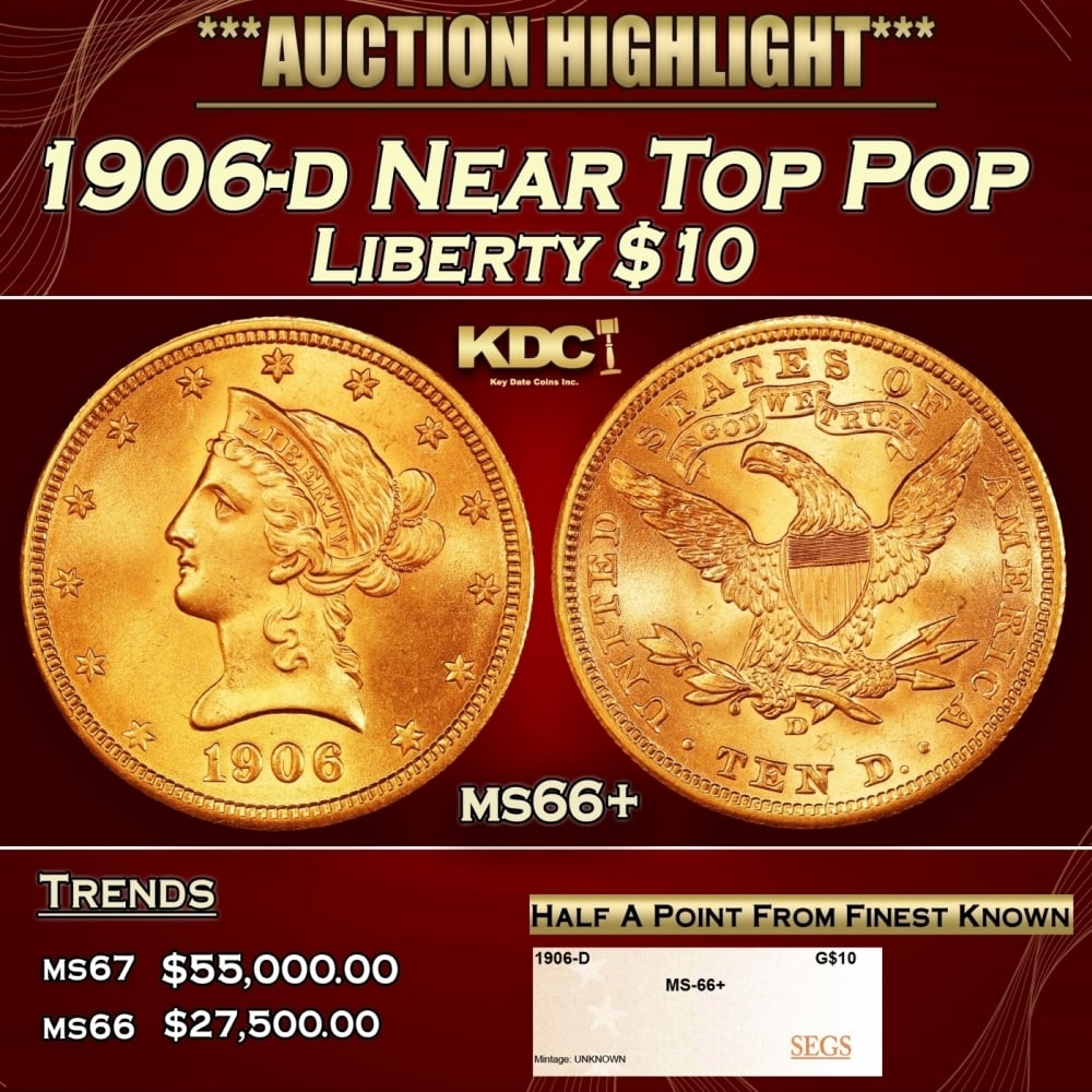 1906-d Gold Liberty Eagle Near Top Pop $10 ms66+ SEGS: 1906-d Near Top Pop Gold Liberty Eagle $10 ms66+ SEGS. 0