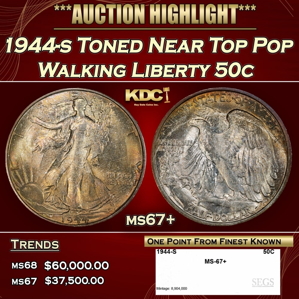 1944-s Walking Liberty Half Dollar Toned Near Top Pop 50c ms67+ SEGS: 1944-s Toned Near Top Pop Walking Liberty Half Dollar 50c ms67+ SEGS. 0