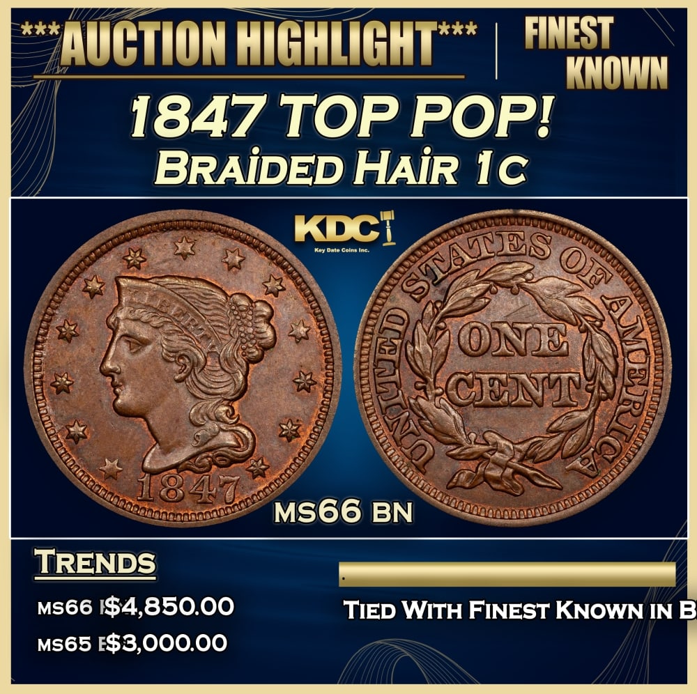 1847 Braided Hair Large Cent TOP POP! 1c Grades ms66 bn: 1847 TOP POP! Braided Hair Large Cent 1c Grades ms66 bn. 0