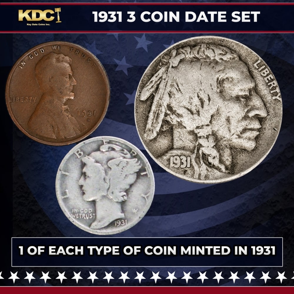 1931 5 Coin Date Set, 1 Of Each Type Of Coin Minted in 1931: 1931 5 Coin Date Set, 1 Of Each Type Of Coin Minted in 1931. Please Note All Backer Cards may have slight differences but will be very similar if not identical to the one in the photo