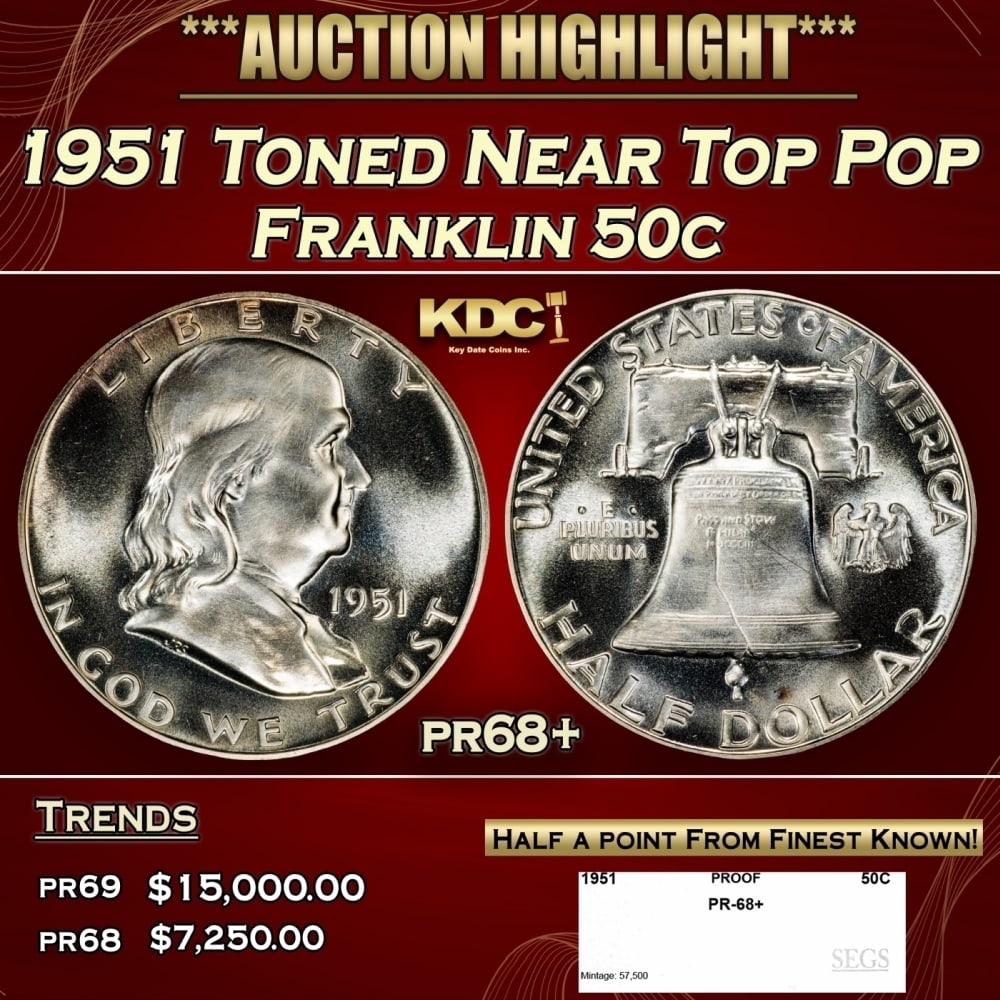 1951 Proof Franklin Half Dollar Toned Near Top Pop 50c pr68+ SEGS (1 of 4)