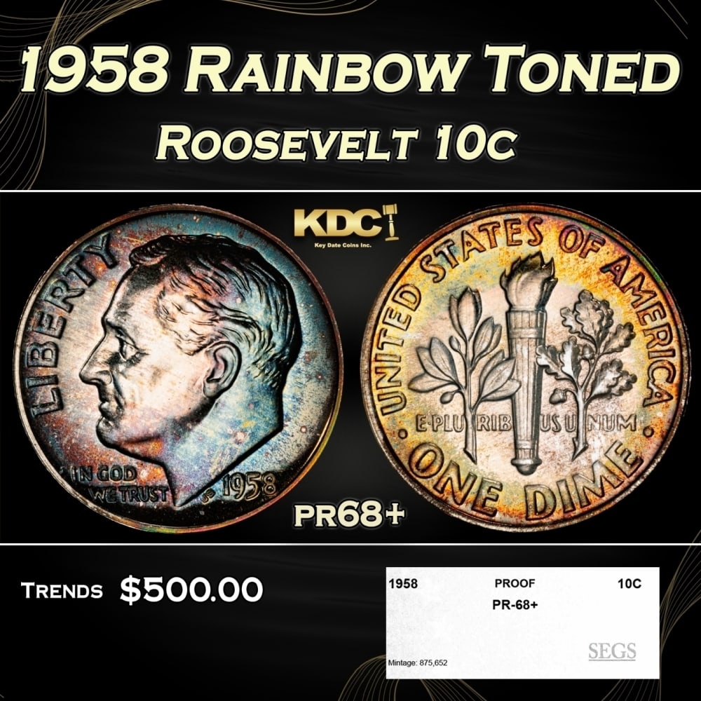 1958 Proof Roosevelt Dime Rainbow Toned 10c pr68+ SEGS (1 of 4)