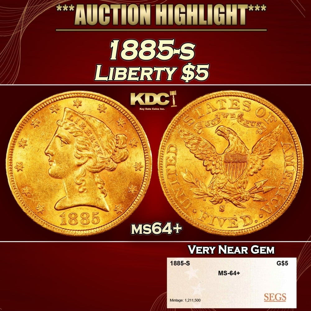 1885-s Gold Liberty Half Eagle $5 ms64+ SEGS: 1885-s Gold Liberty Half Eagle $5 ms64+ SEGS. 0