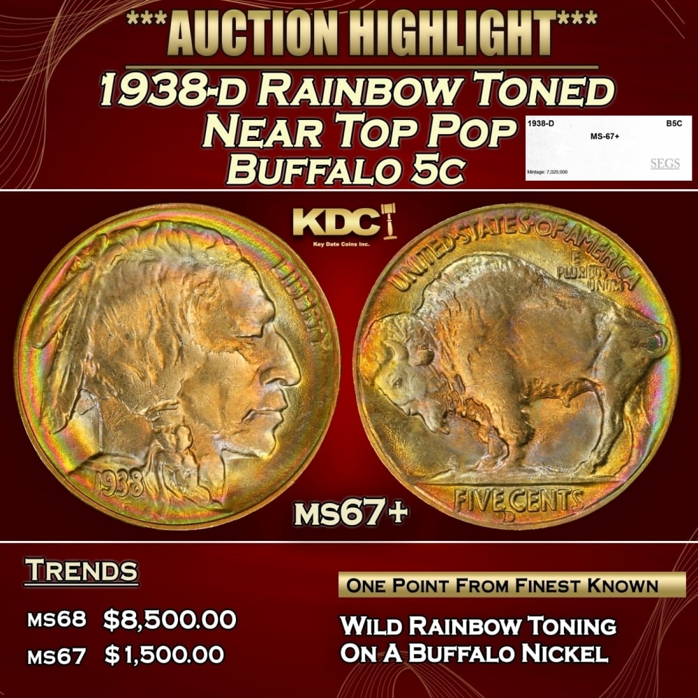 1938-d Buffalo Nickel Rainbow Toned Near Top Pop 5c ms67+ SEGS: 1938-d Rainbow Toned Near Top Pop Buffalo Nickel 5c ms67+ SEGS. 0