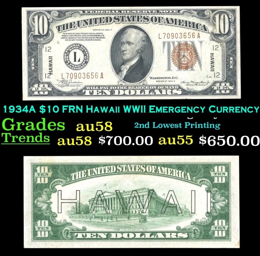 1934A $10 FRN Hawaii WWII Emergency Currency Grades Choice AU/BU Slider: 1934A $10 FRN Hawaii WWII Emergency Currency Grades Choice AU/BU Slider.