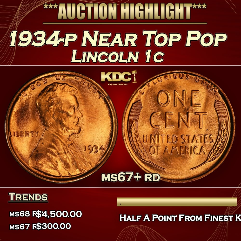 1934-p Lincoln Cent Near Top Pop 1c ms67+ rd SEGS: 1934-p Near Top Pop Lincoln Cent 1c ms67+ rd SEGS. 0