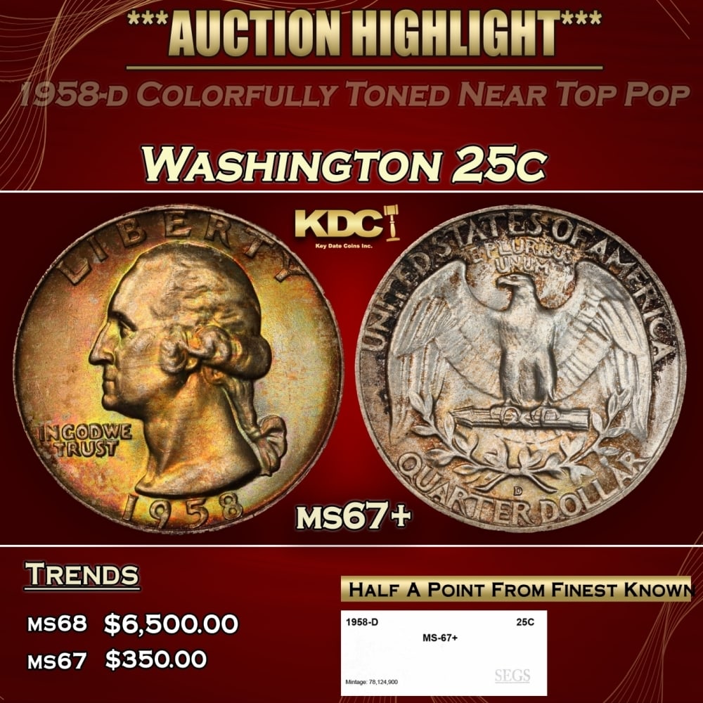 1958-d Washington Quarter Colorfully Toned Near Top Pop 25c ms67+ SEGS (1 of 4)