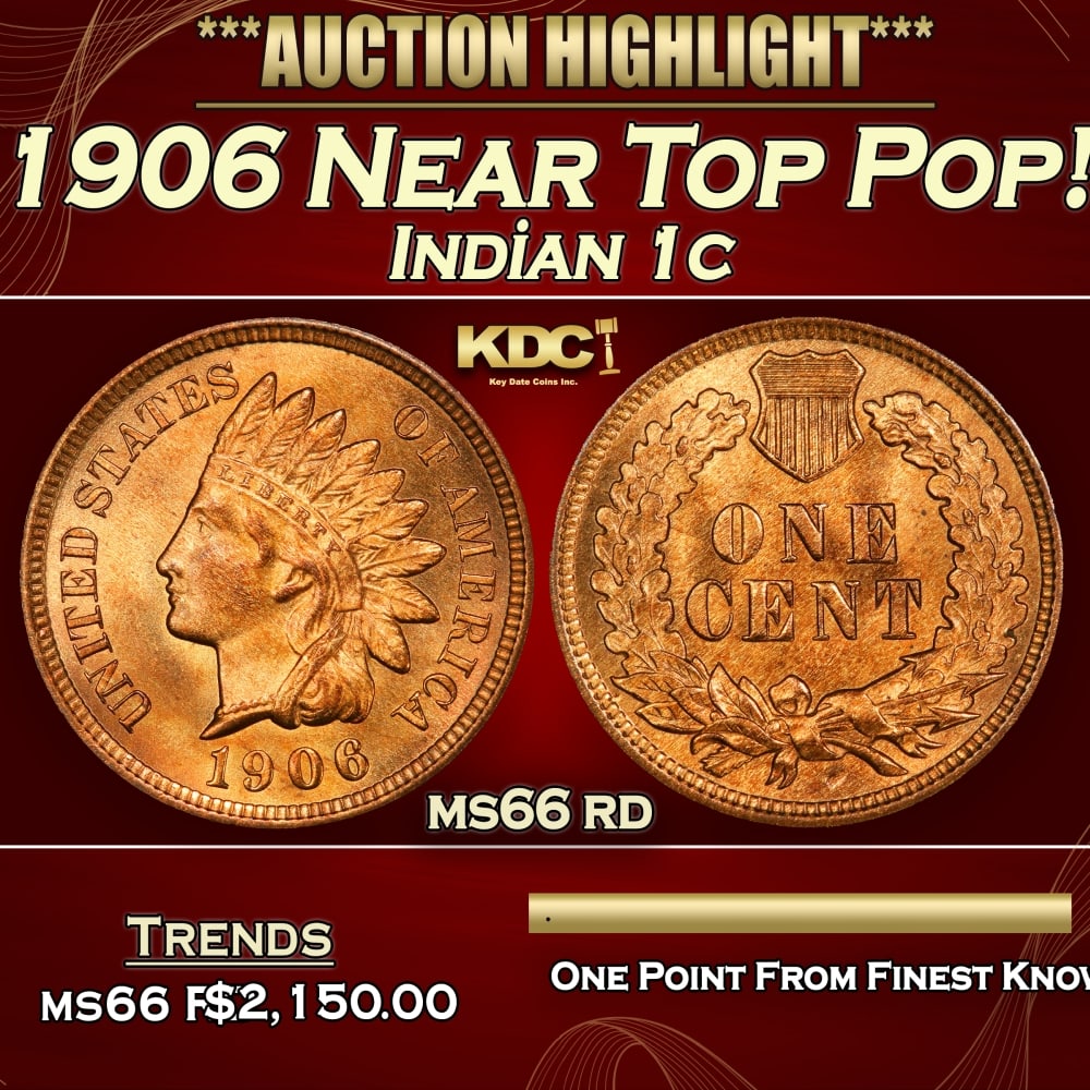 1906 Indian Cent Near Top Pop! 1c ms66 rd SEGS: 1906 Near Top Pop! Indian Cent 1c ms66 rd SEGS. 0