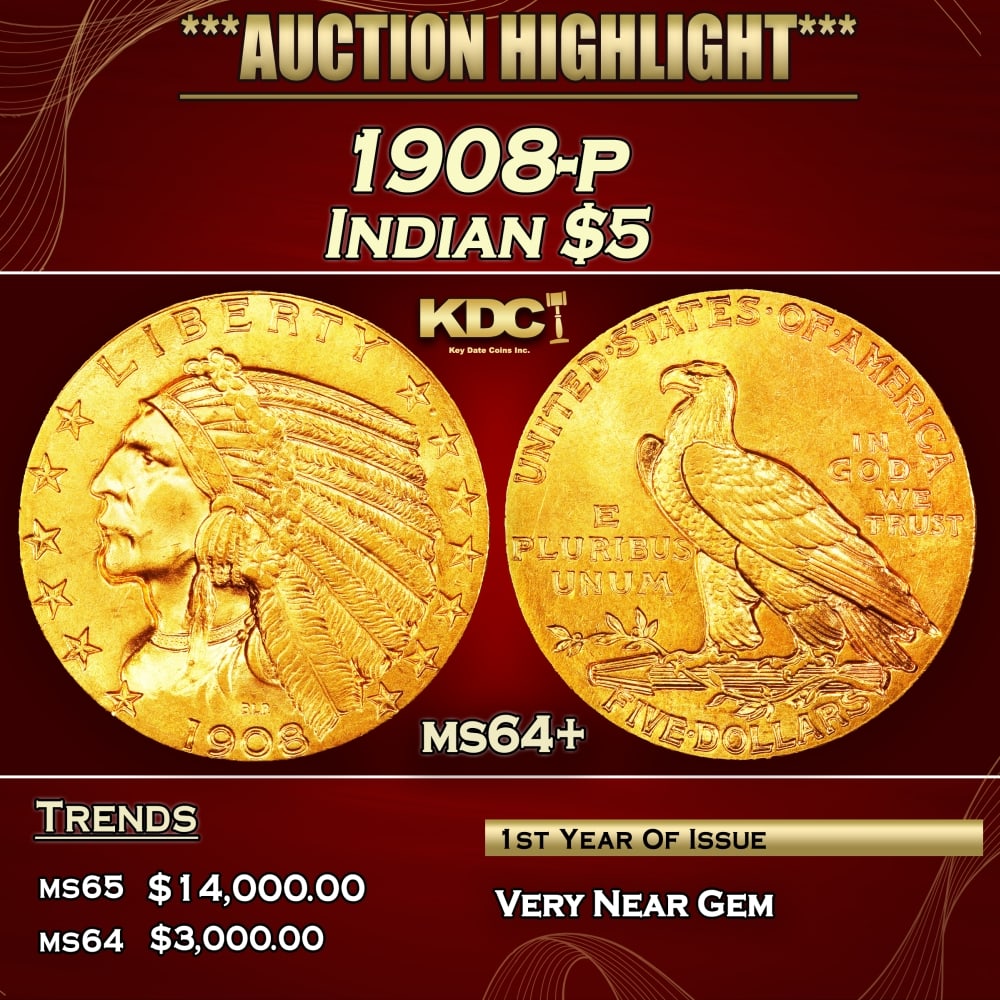 1908-p Gold Indian Half Eagle $5 ms64+ USCG: 1908-p Gold Indian Half Eagle $5 ms64+ USCG.