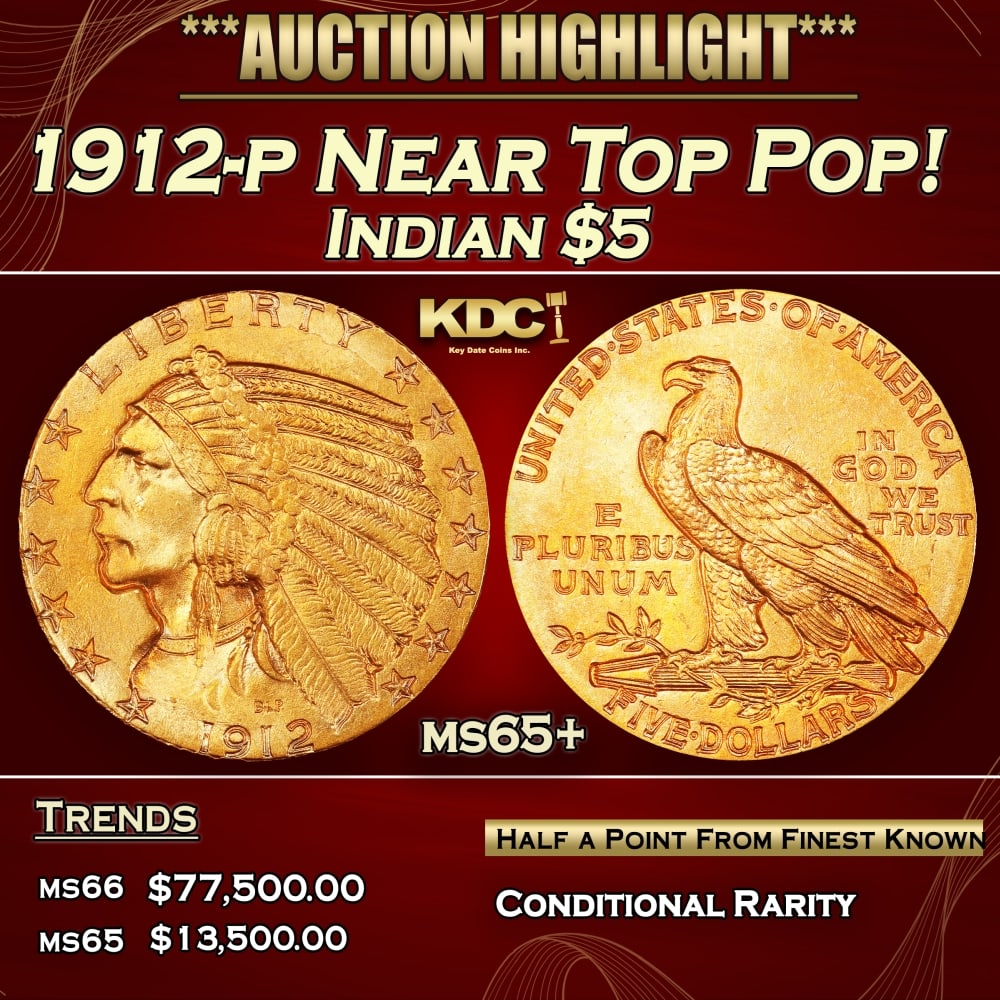 1912-p Gold Indian Half Eagle Near Top Pop! $5 ms65+ USCG: 1912-p Near Top Pop! Gold Indian Half Eagle $5 ms65+ USCG.