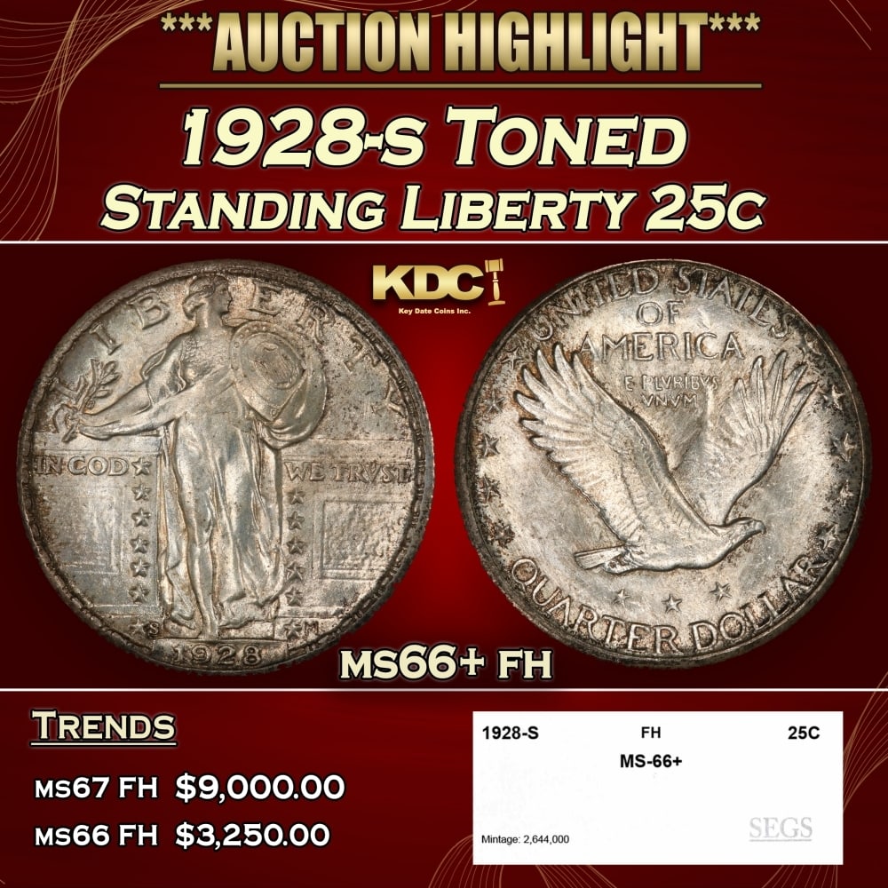 1928-s Standing Liberty Quarter Toned 25c ms66+ fh SEGS: 1928-s Toned Standing Liberty Quarter 25c ms66+ fh SEGS. 0