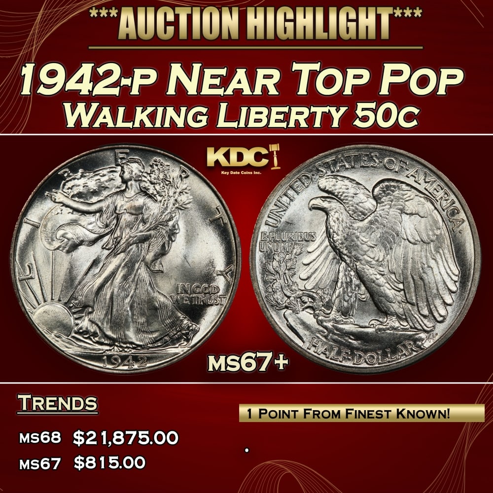 1942-p Walking Liberty Half Dollar Near Top Pop 50c ms67+ SEGS: 1942-p Near Top Pop Walking Liberty Half Dollar 50c ms67+ SEGS. 0
