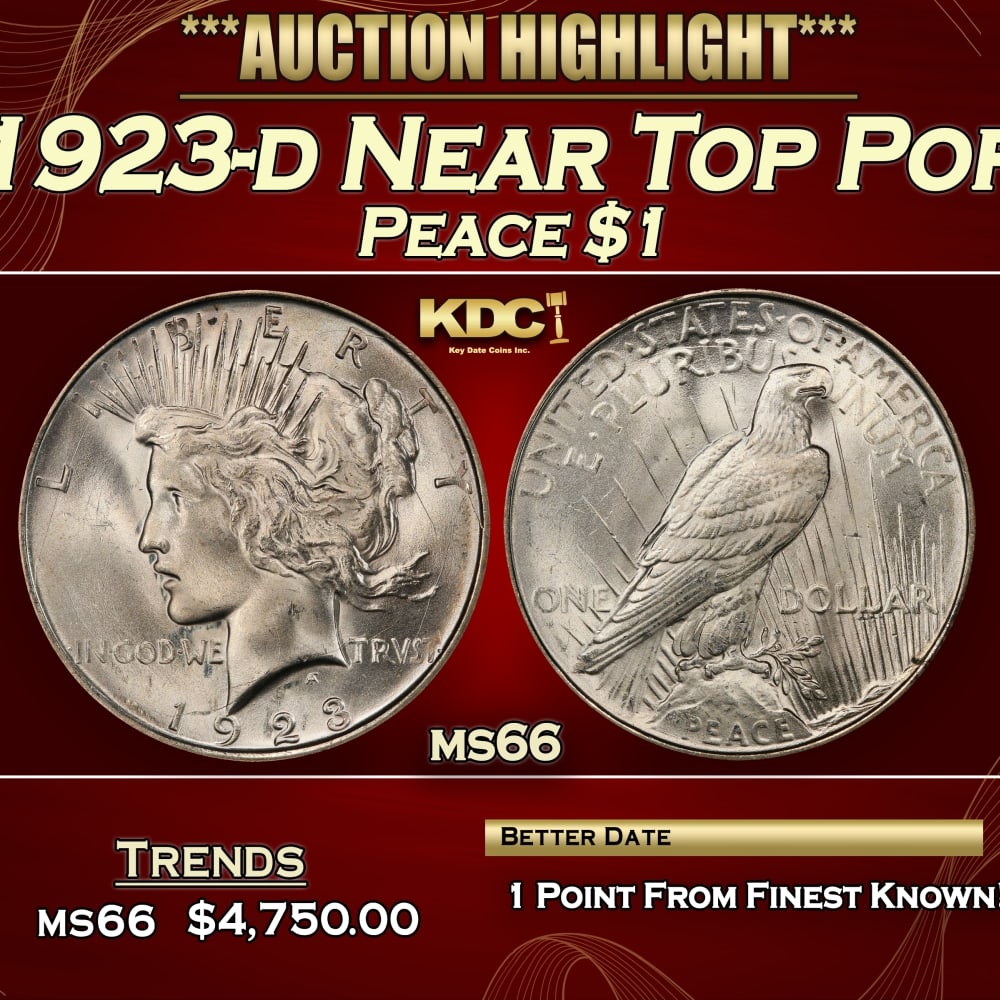 1923-d Peace Dollar Near Top Pop $1 ms66 SEGS: 1923-d Near Top Pop Peace Dollar $1 ms66 SEGS. 0