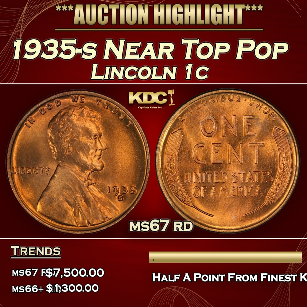 1935-s Lincoln Cent Near Top Pop 1c ms67 rd SEGS: 1935-s Near Top Pop Lincoln Cent 1c ms67 rd SEGS. 0