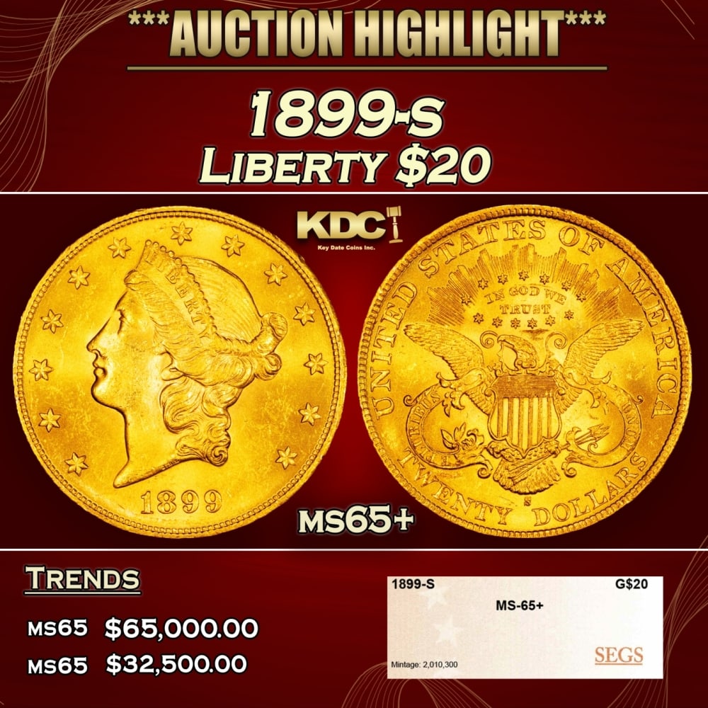 1899-s Gold Liberty Double Eagle $20 ms65+ SEGS: 1899-s Gold Liberty Double Eagle $20 ms65+ SEGS. 0