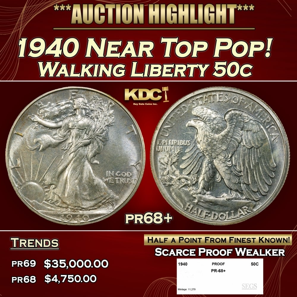 1940 Proof Walking Liberty Half Dollar Near Top Pop! 50c pr68+ SEGS: 1940 Near Top Pop! Walking Liberty Half Dollar 50c pr68+ SEGS. 0