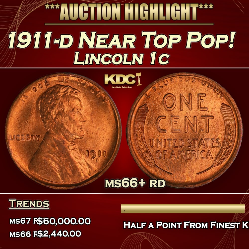 1911-d Lincoln Cent Near Top Pop! 1c ms66+ rd SEGS: 1911-d Near Top Pop! Lincoln Cent 1c ms66+ rd SEGS. Incredibly scarce date. Out of an original mintage of over 12 million, 0