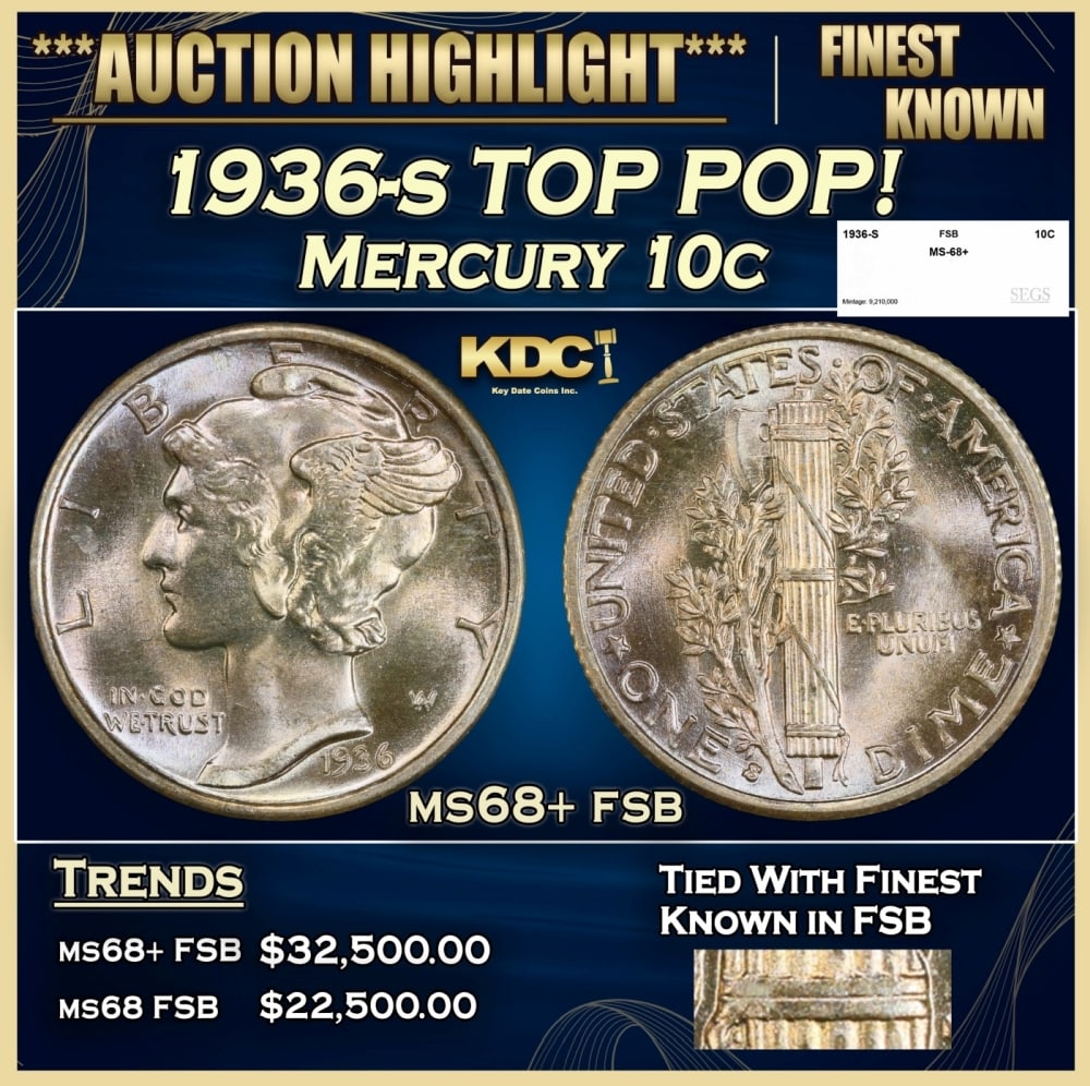 1936-s Mercury Dime TOP POP! 10c ms68+ fsb SEGS: 1936-s TOP POP! Mercury Dime 10c ms68+ fsb SEGS. 0