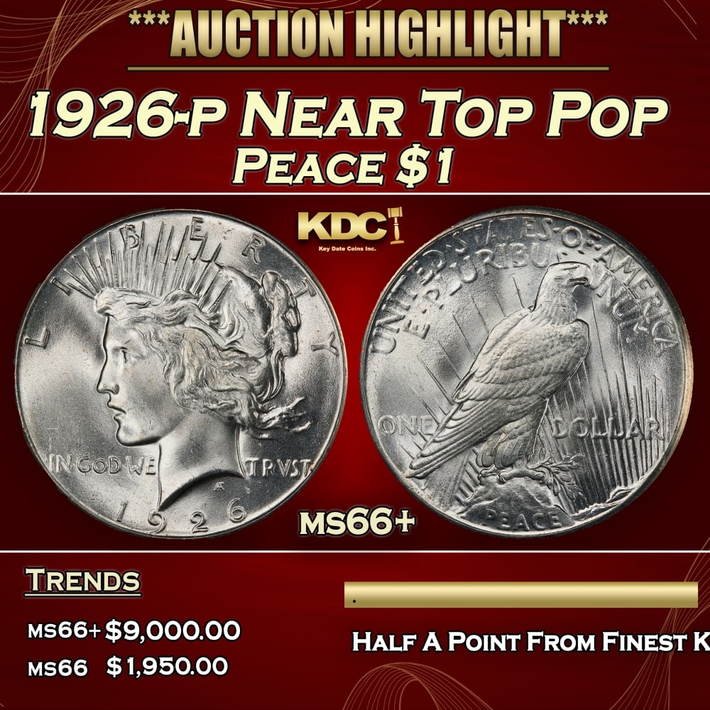 1926-p Peace Dollar Near Top Pop $1 ms66+ SEGS: 1926-p Near Top Pop Peace Dollar $1 ms66+ SEGS. 0