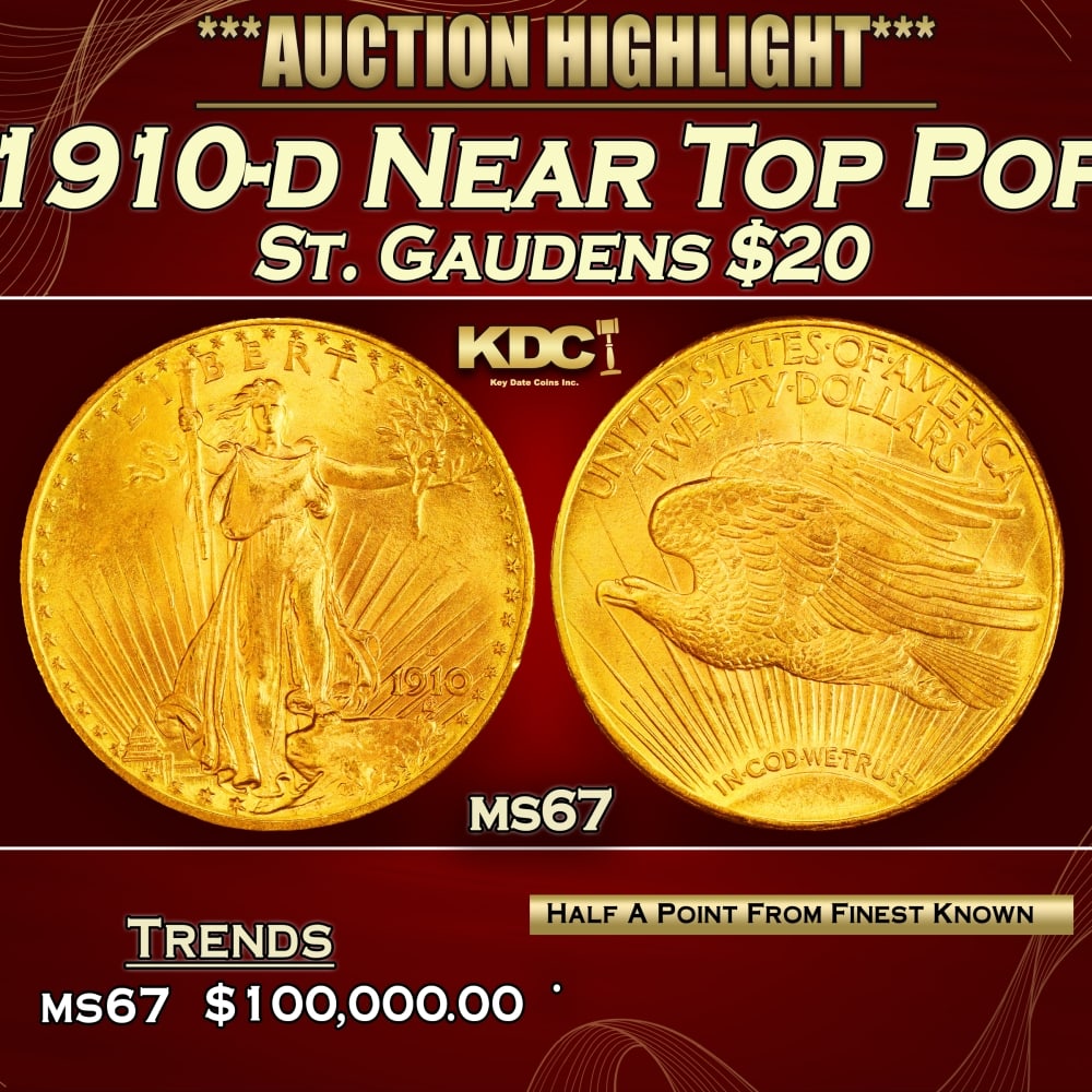 1910-d Gold St. Gaudens Double Eagle Near Top Pop $20 ms67 SEGS: 1910-d Near Top Pop Gold St. Gaudens Double Eagle $20 ms67 SEGS. 0
