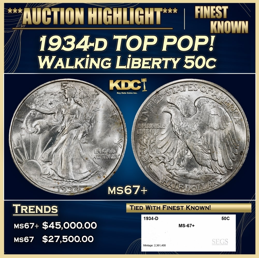 1934-d Walking Liberty Half Dollar TOP POP! 50c ms67+ SEGS: 1934-d TOP POP! Walking Liberty Half Dollar 50c ms67+ SEGS. 0