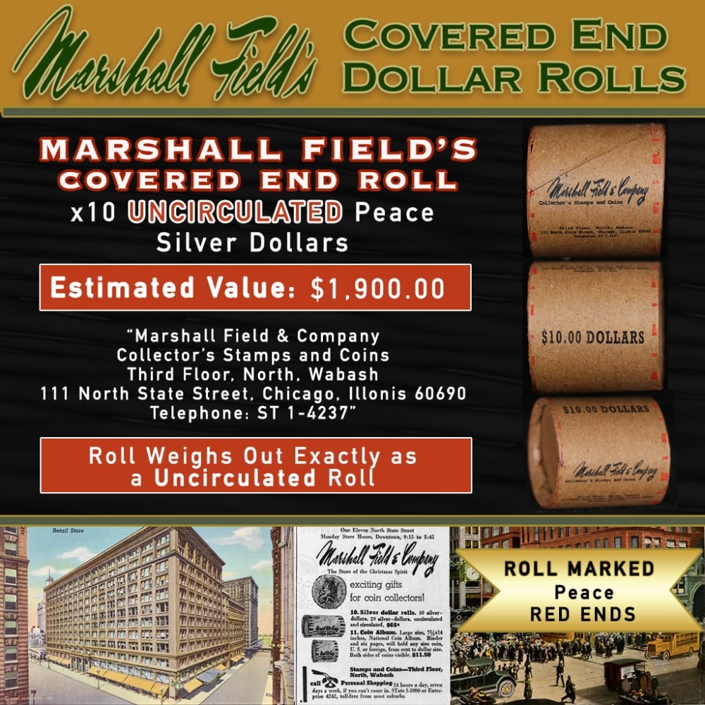 Rare Peace UNC MARSHALL FIELDS 10 $1 Roll RED Level: Rare Peace UNC MARSHALL FIELDS 10 $1 Roll RED Level. Up For Auction is a 183- Rare Peace UNC MARSHALL FIELDS 10 $1 Roll RED Level Roll Weighing 270.2 g Based On this weight this is a UNC Roll We are v